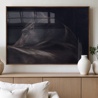 Close-up of a black horse with dramatic lighting on a dark background, perfect for rustic or masculine home decor.