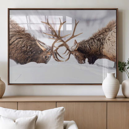 Two elk clashing antlers in a snowy forest, capturing raw power and wild energy, ideal for rustic cabin or lodge-style decor.