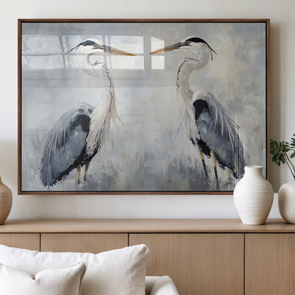 Two herons facing each other on a soft-toned background with blue-grey feathers, perfect for tranquil, coastal or nature-themed interiors.