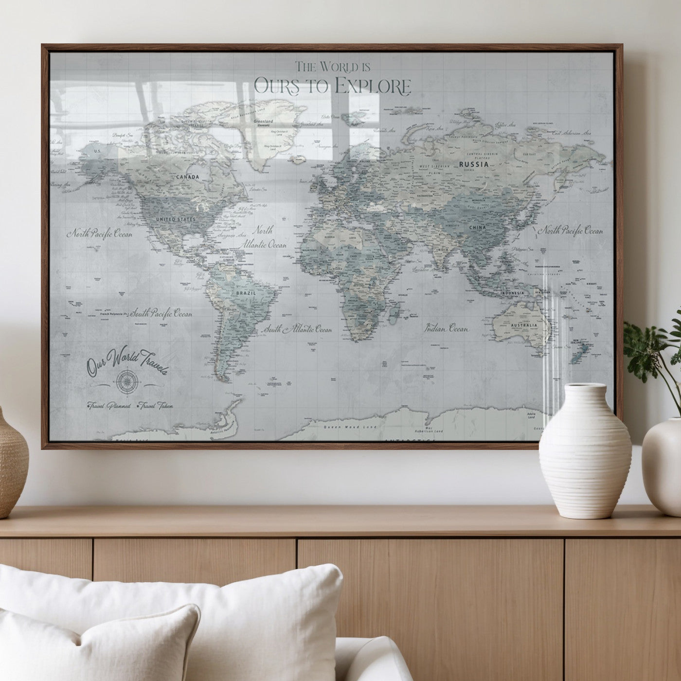 Custom Push Pin World Map Wall Canvas Print – Personalized Travel Tracker with Pins – Framed Custom Quotie Canvas for Home Office Decor