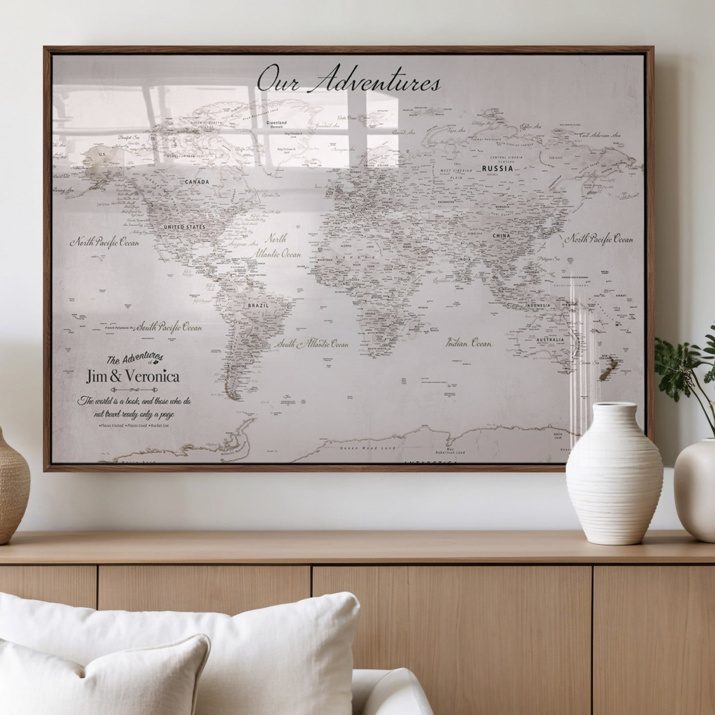 Customize Push Pin World Map Wall Canvas Print – Personalized Travel Map with Foam Pins – Framed Custom Quotie Canvas for Home Office Decor