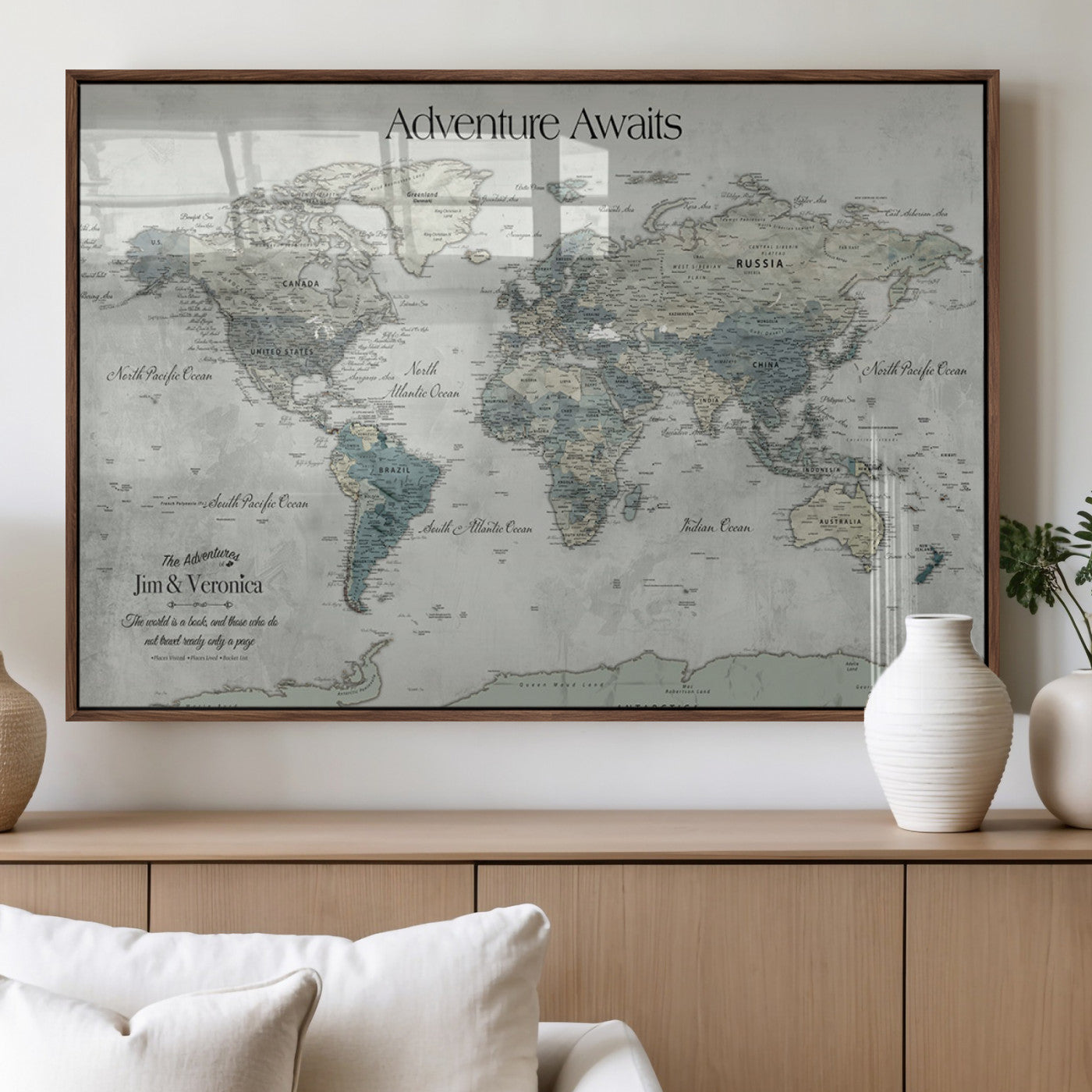 Customize Push Pin World Map Wall Canvas Print – Personalized Travel Tracker with Pins – Framed Custom Quotie Canvas for Home Office Decor