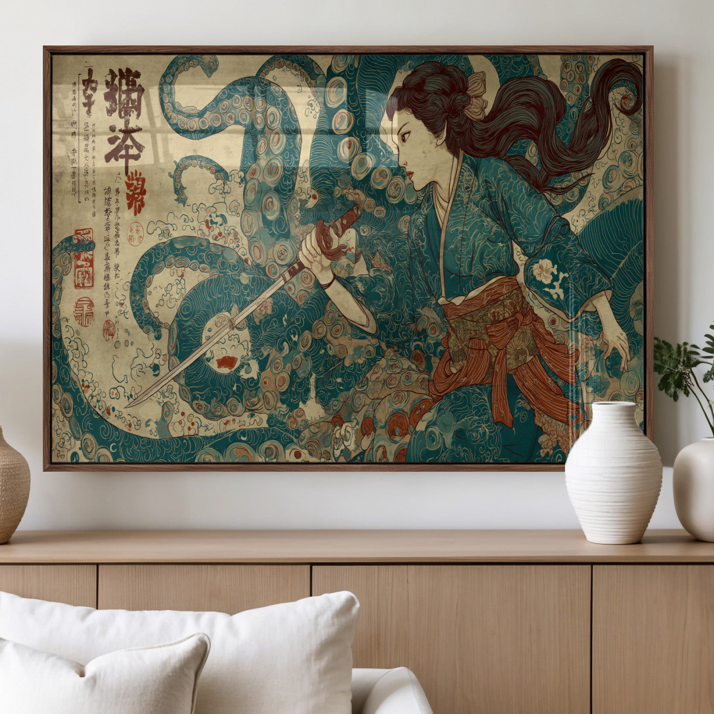 Tsukioka Yoshitoshi Samurai Wall Art Print, Japanese Katana Warrior Canvas Wall Art, Octopus Sea Monster Canvas Print,