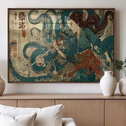Tsukioka Yoshitoshi Samurai Wall Art Print, Japanese Katana Warrior Canvas Wall Art, Octopus Sea Monster Canvas Print,