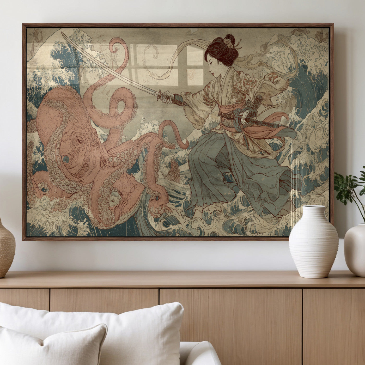 Tsukioka Yoshitoshi Samurai Wall Art Print, Japanese Katana Warrior Canvas Wall Art, Octopus Sea Monster Canvas Print,