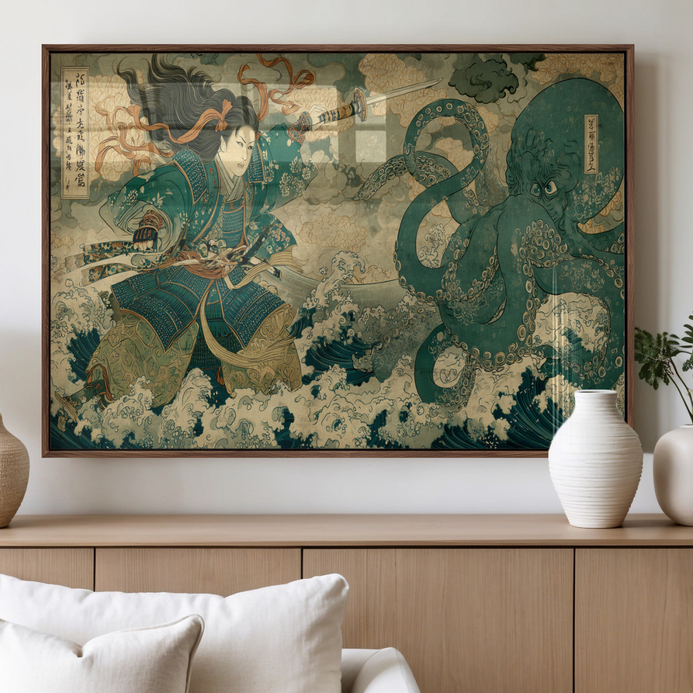Tsukioka Yoshitoshi Samurai Wall Art Print, Japanese Katana Warrior Canvas Wall Art, Octopus Sea Monster Canvas Print,