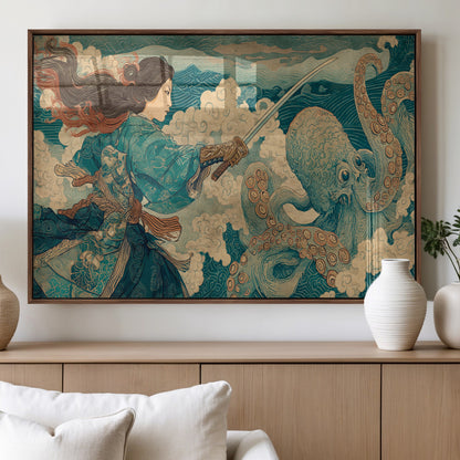 Tsukioka Yoshitoshi Samurai Wall Art Print, Japanese Katana Warrior Canvas Wall Art, Octopus Sea Monster Canvas Print,
