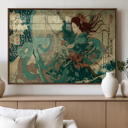 Tsukioka Yoshitoshi Samurai Wall Art Print, Japanese Katana Warrior Canvas Wall Art, Octopus Sea Monster Canvas Print,