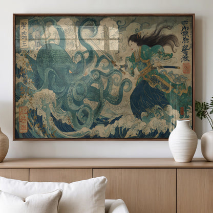 Tsukioka Yoshitoshi Samurai Wall Art Print, Japanese Katana Warrior Canvas Wall Art, Octopus Sea Monster Canvas Print,
