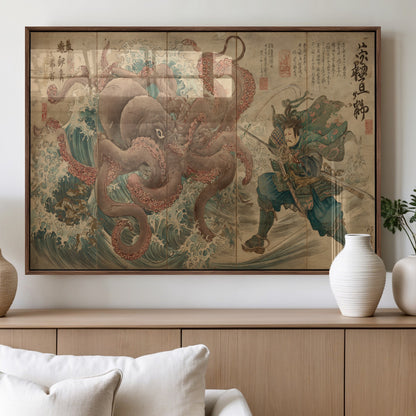 Tsukioka Yoshitoshi Samurai Wall Art Print, Japanese Katana Warrior Canvas Wall Art, Octopus Sea Monster Canvas Print,