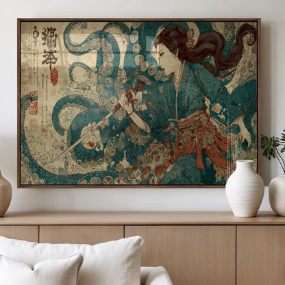 Tsukioka Yoshitoshi Samurai Wall Art Print, Japanese Katana Warrior Canvas Wall Art, Octopus Sea Monster Canvas Print,