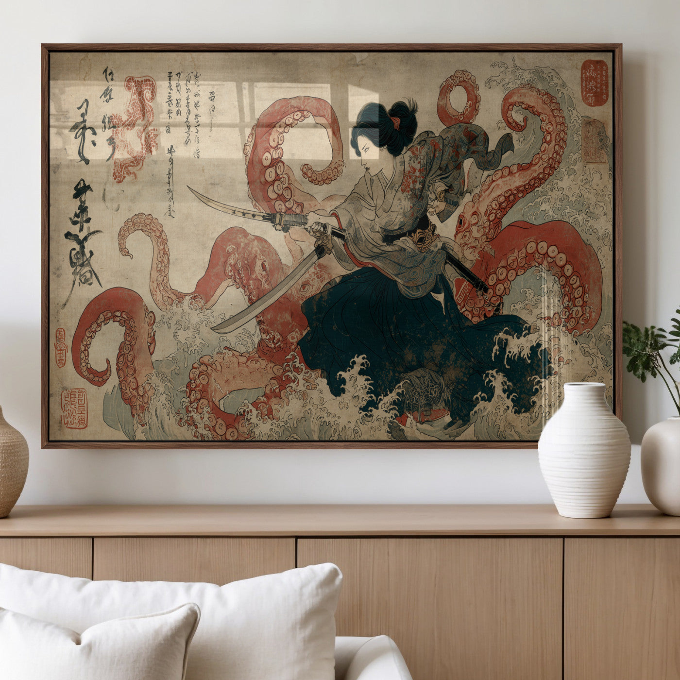 Tsukioka Yoshitoshi Samurai Wall Art Print, Japanese Katana Warrior Canvas Wall Art, Octopus Sea Monster Canvas Print,