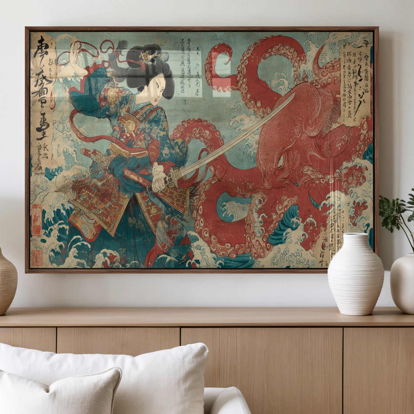 Tsukioka Yoshitoshi Samurai Wall Art Print, Japanese Katana Warrior Canvas Wall Art, Octopus Sea Monster Canvas Print,