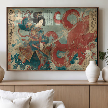 Tsukioka Yoshitoshi Samurai Wall Art Print, Japanese Katana Warrior Canvas Wall Art, Octopus Sea Monster Canvas Print,