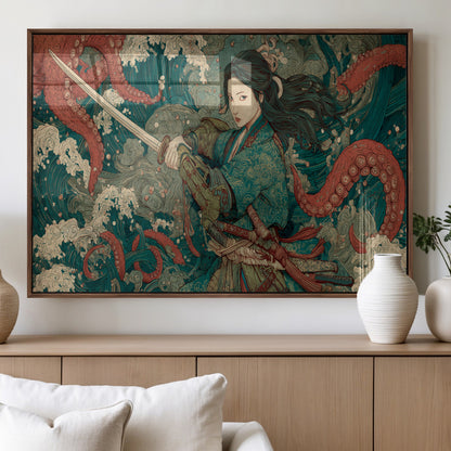 Tsukioka Yoshitoshi Samurai Wall Art Print, Japanese Katana Warrior Canvas Wall Art, Octopus Sea Monster Canvas Print,