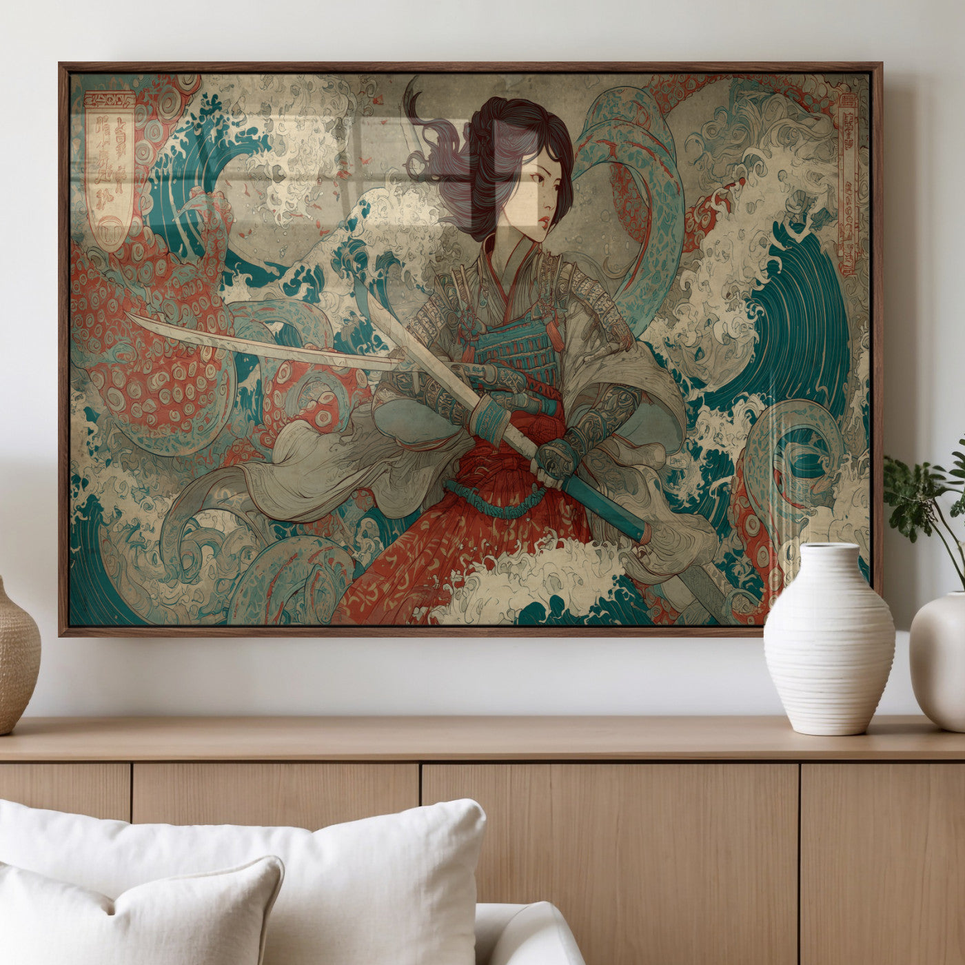 Tsukioka Yoshitoshi Samurai Wall Art Print, Japanese Katana Warrior Canvas Wall Art, Octopus Sea Monster Canvas Print,
