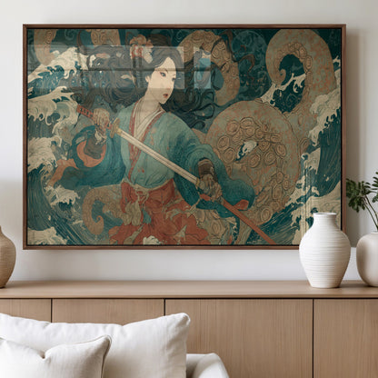 Tsukioka Yoshitoshi Samurai Wall Art Print, Japanese Katana Warrior Canvas Wall Art, Octopus Sea Monster Canvas Print,