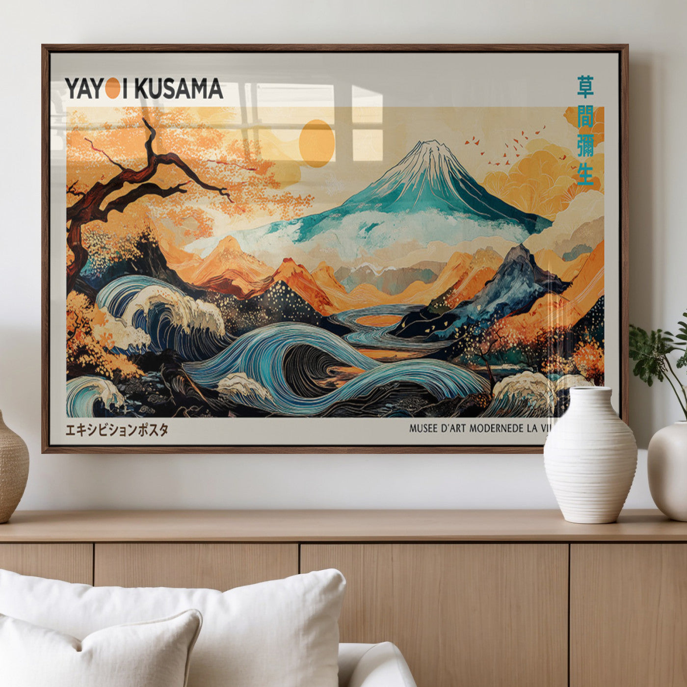Modern Japanese-style art print featuring a stylized Mount Fuji, flowing waves, and vibrant landscapes in bold colors, inspired by traditional and contemporary aesthetics.