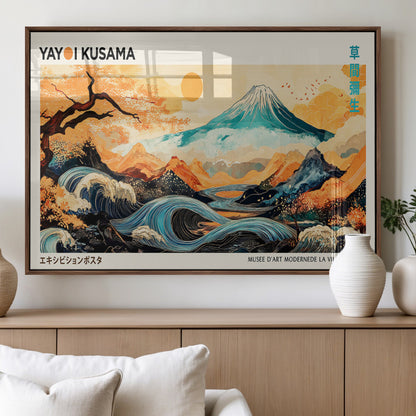 Modern Japanese-style art print featuring a stylized Mount Fuji, flowing waves, and vibrant landscapes in bold colors, inspired by traditional and contemporary aesthetics.
