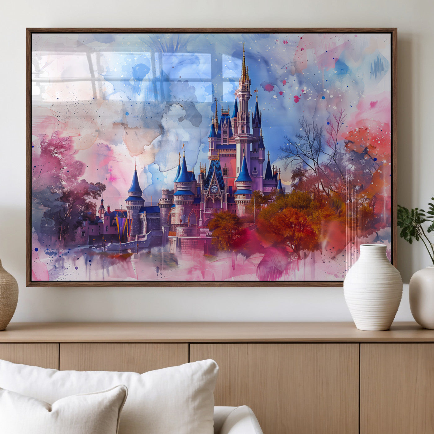 Watercolor canvas of a dreamy Disney-style castle in pastel pink and blue tones, perfect for fairytale or whimsical home decor.