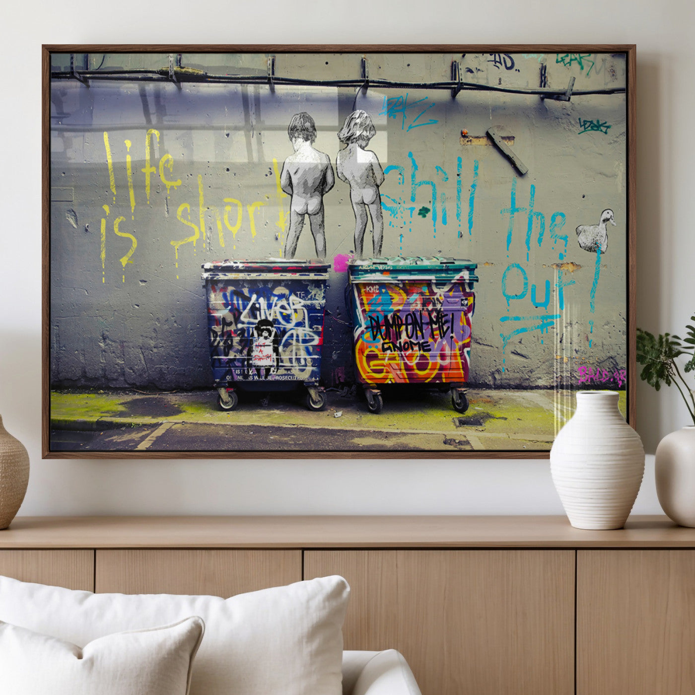 Graffiti-style canvas art with bold text and two naked figures over urban dumpsters, ideal for edgy or street-style decor.