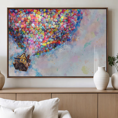 Whimsical canvas of the house from the movie Up flying with colorful balloons, ideal for Pixar or animation-themed decor.