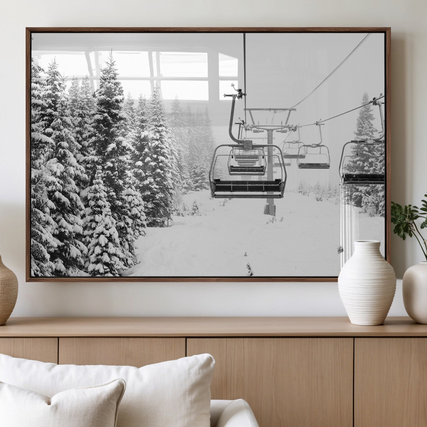 Black and white canvas of empty ski lifts over a snowy pine forest, perfect for minimal winter or ski lodge-inspired decor.