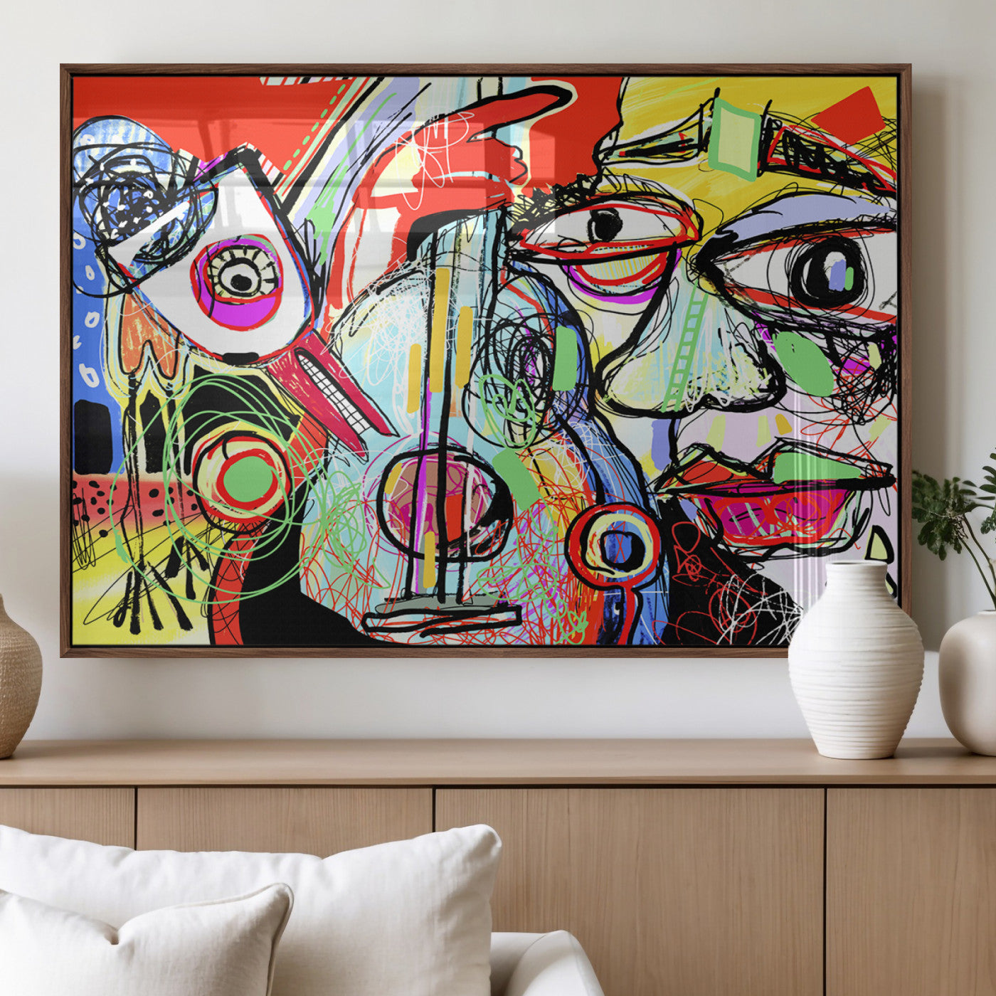 Colorful abstract portrait in graffiti style, featuring vibrant lines and chaotic energy, perfect for urban modern home decor.