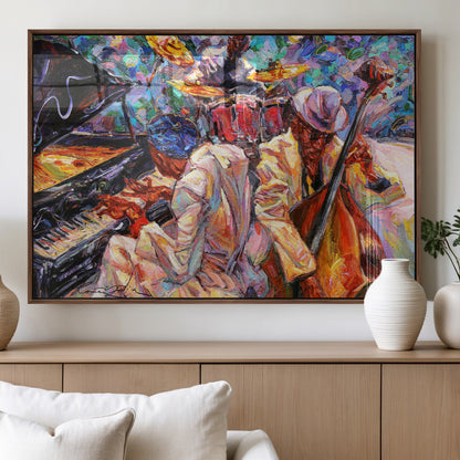 Vibrant oil painting of a jazz band with piano, saxophone, and bass, ideal for colorful and expressive music-themed home decor.