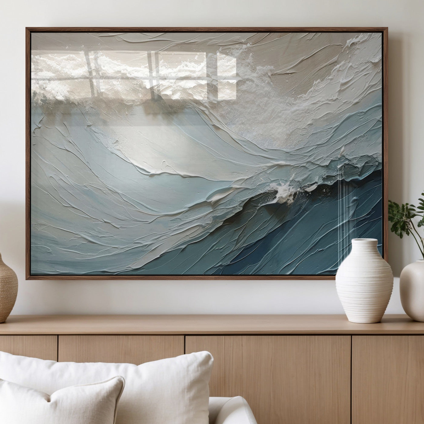 Textured canvas of ocean waves in soft coastal blues and creamy whites, ideal for modern or minimalist coastal-style interiors.