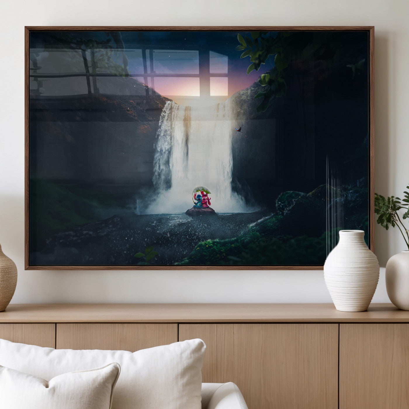Romantic scene of Stitch and Angel sitting under a leaf in front of a glowing waterfall, ideal for tropical or fantasy-themed decor.