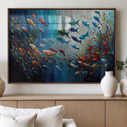 Colorful painting of fish swimming in abstract ocean swirls, perfect for vibrant marine-themed or expressive coastal home decor.