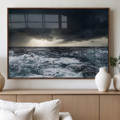 Moody ocean scene with stormy skies and crashing waves, perfect for dramatic or coastal-style home wall decor.