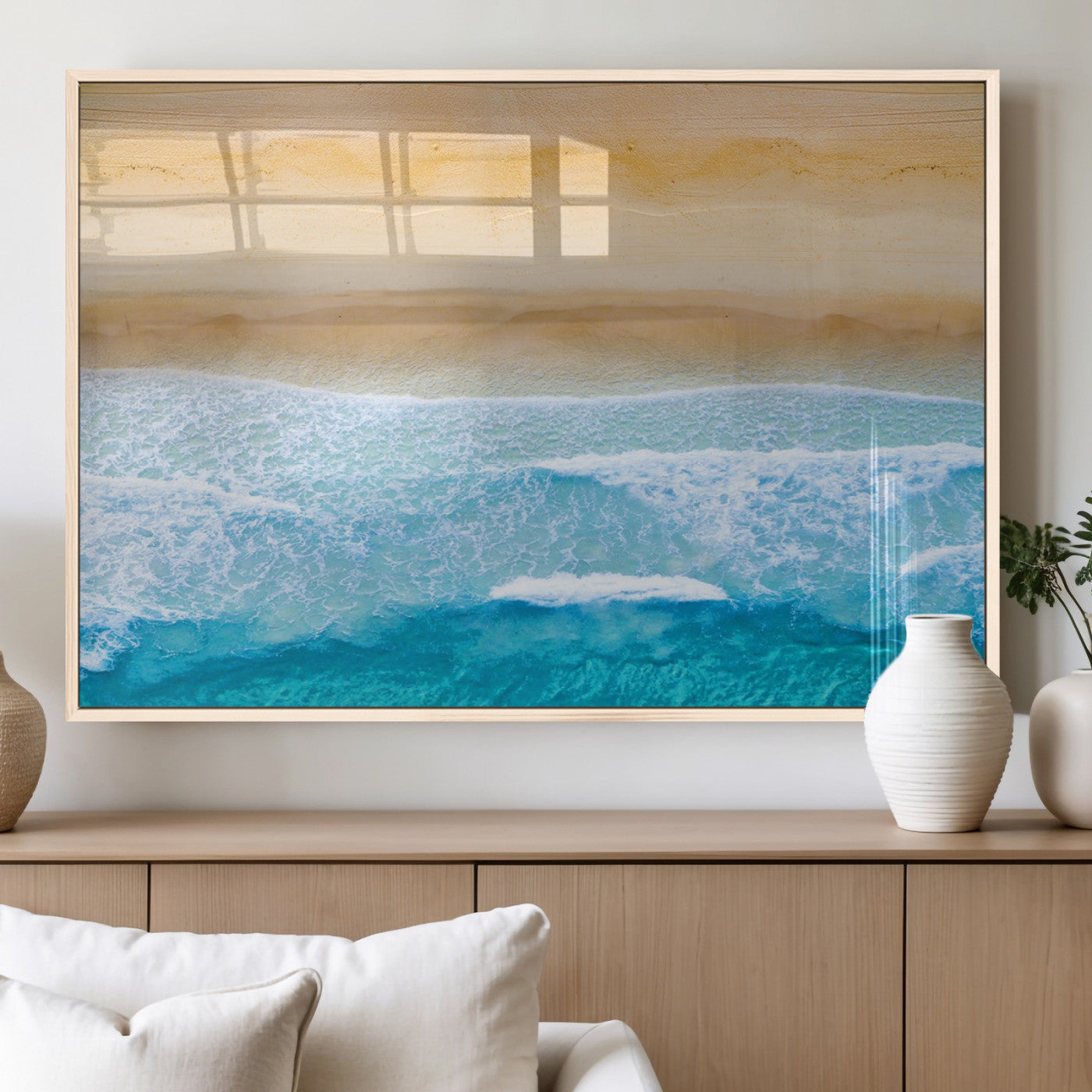 43046-MGV-FP-60X30-3P_Natural-Aerial Beach Wall Art – Serene Ocean Waves & Sandy Shore Canvas Print, Coastal Home Decor for Living Room, Bedroom or Office