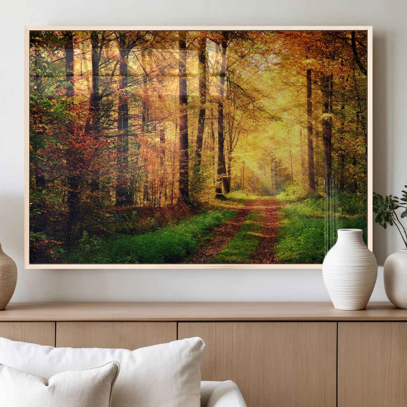 73494-MGV-FP-36X24-3P_Natural-Golden Autumn Forest Path Wall Art – Sunlit Woodland Canvas Print, Fall Nature Landscape Home Decor