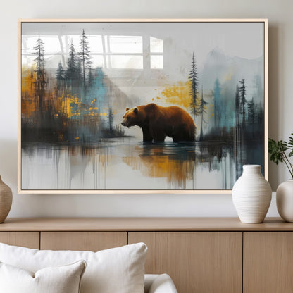 A majestic bear stands by the serene waters of a misty forest, surrounded by towering trees and distant mountains, evoking the raw beauty and wild spirit of nature.