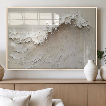 Textured canvas of an abstract white ocean wave in neutral tones, ideal for modern coastal or minimalist home decor.
