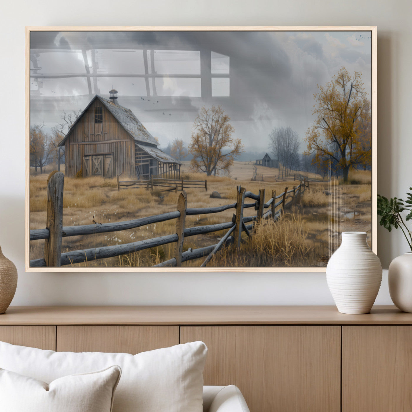 A tranquil rural scene featuring a rustic barn, overcast skies, and golden fields with scattered trees, evoking a sense of peaceful solitude in nature.