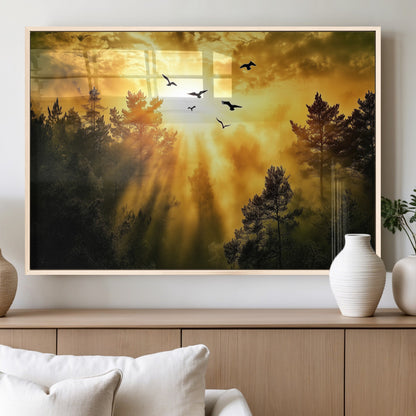 Canvas of a golden forest at sunset with birds flying through glowing sunbeams and silhouetted pine trees, ideal for warm-toned rustic decor.