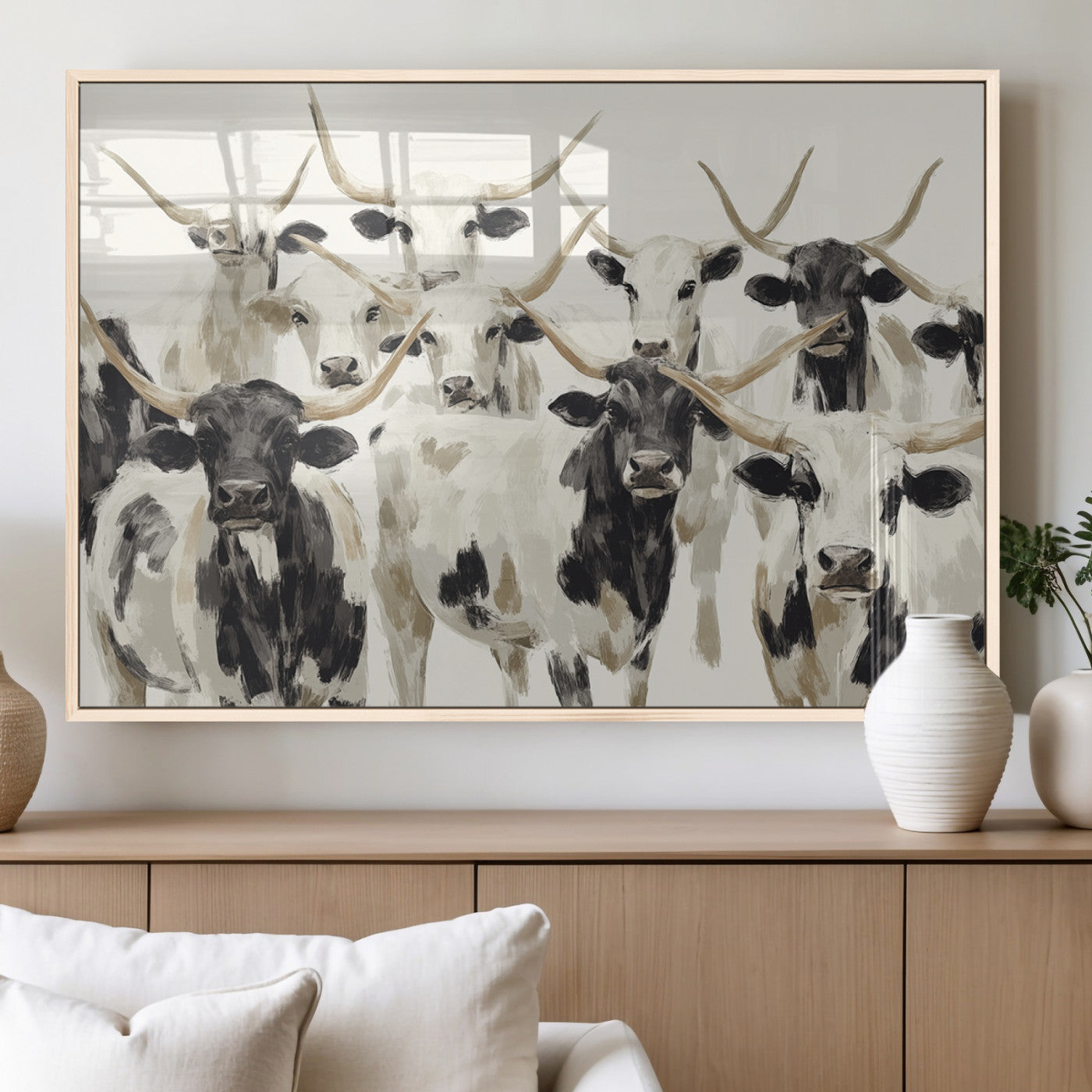 Canvas of a Texas Longhorn cattle herd in neutral black and white tones, ideal for rustic farmhouse or western-themed decor.