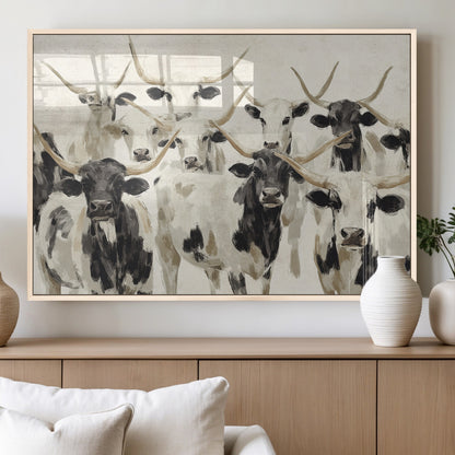 Canvas of a Texas Longhorn cattle herd in neutral black and white tones, ideal for rustic farmhouse or western-themed decor.