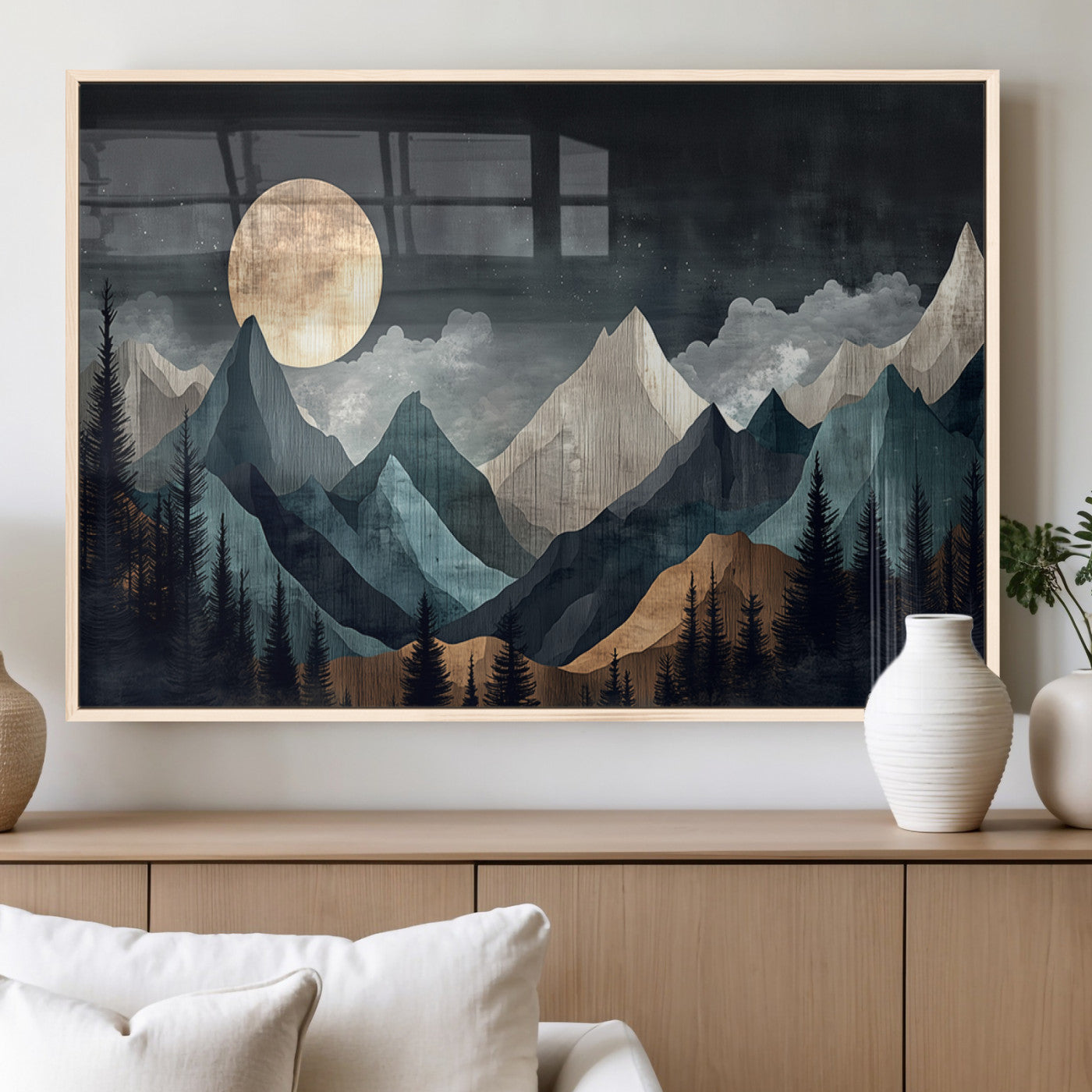 Stylized canvas of layered mountains under a full moon in neutral moody tones, ideal for nature-inspired or modern rustic interiors.