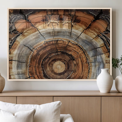 Canvas of tree rings and natural wood grain in earthy tones, ideal for rustic or vintage-inspired home decor with organic textures.