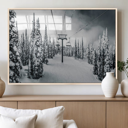 Canvas of a snowy ski lift scene through a forest of tall pine trees, ideal for moody winter or alpine-themed home decor.