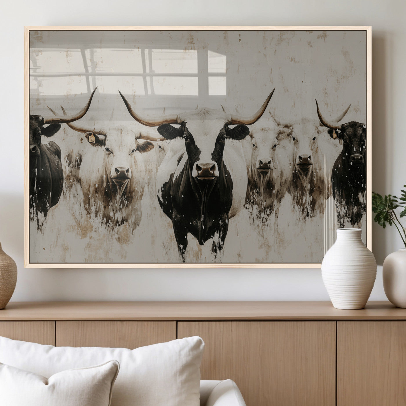 Illustrated herd of longhorn cattle in black and white tones with a neutral textured background, perfect for rustic or farmhouse-style decor.