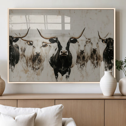 Illustrated herd of longhorn cattle in black and white tones with a neutral textured background, perfect for rustic or farmhouse-style decor.