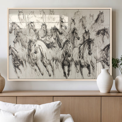 Monochrome ink sketch of galloping horses in dynamic motion, perfect for western or equine-themed wall decor with bold artistic energy.