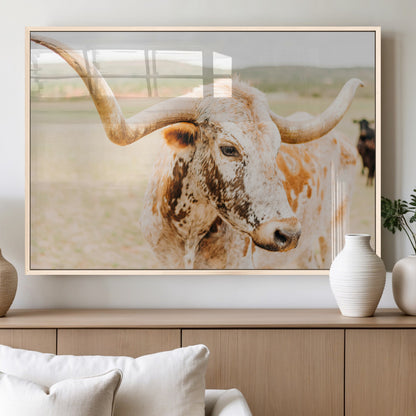 Close-up of a speckled Texas Longhorn in warm prairie tones, perfect for rustic western or countryside-themed room decor.
