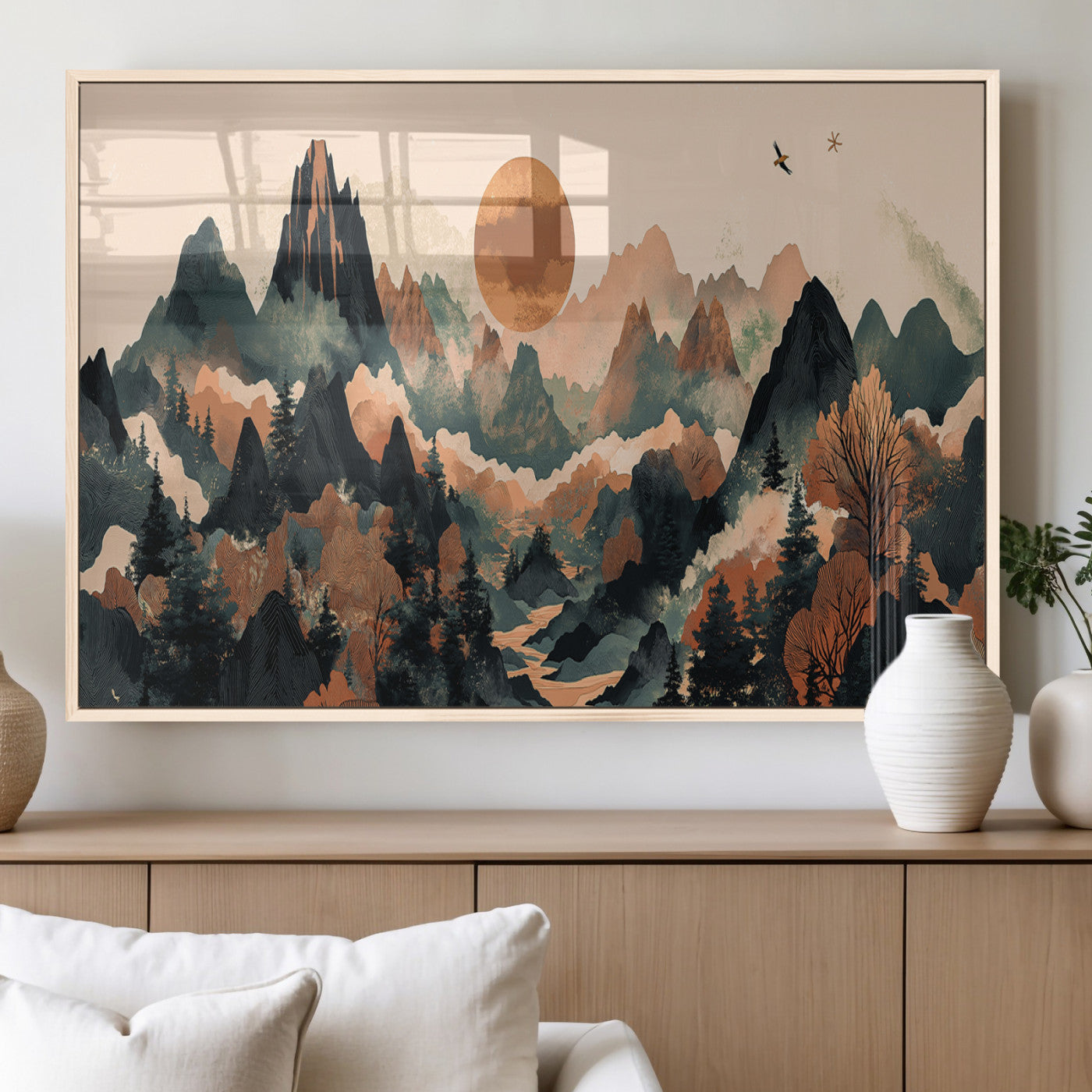 Mountain Landscape Wall Art Print - Sunset Hills Canvas Print, featuring an abstract nature scene with earthy tones and misty peaks, perfect for boho and modern decor.