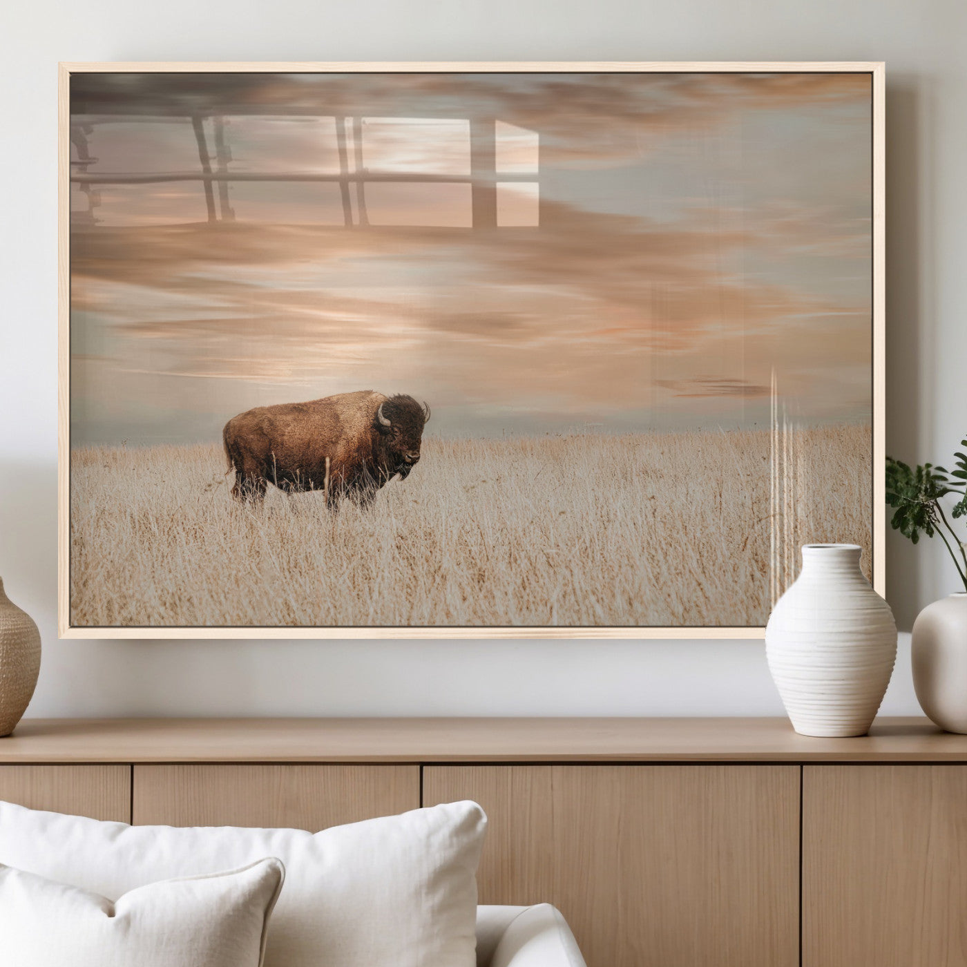 Bison Wall Art Print - Buffalo Canvas Print, featuring a lone bison in a golden prairie under a warm sunset sky, perfect for rustic and farmhouse decor.